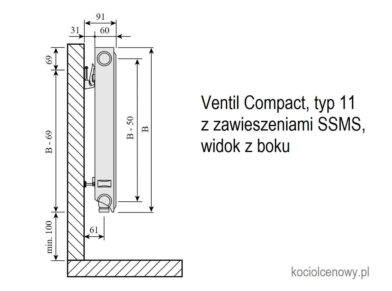 Grzejnik stalowy PURMO Ventil Vompact CV11 900x500 z dolnym podłączeniem