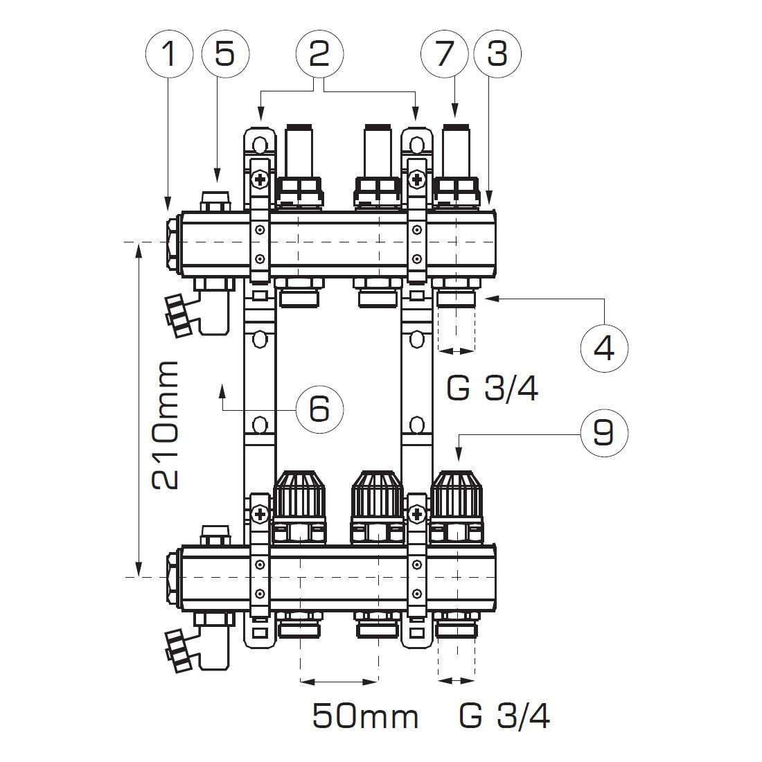 Rozdzielacz mosiężny typ RZP 1" z zaworami termostatycznymi i przepływomierzami 7-obwodowy FERRO